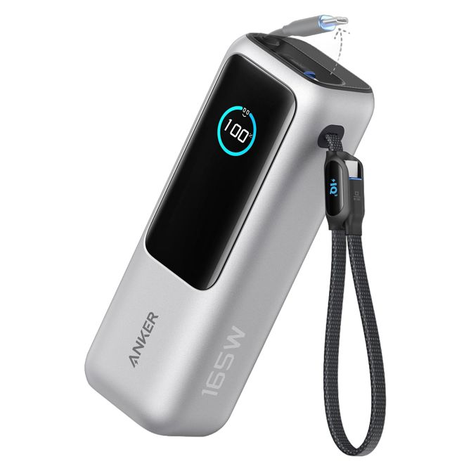 Power bank Anker 25000 mAh 165 W, 3x USB-C 100 W, pametni zaslon, 2 integrirana kabla, srebrna