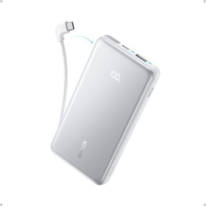 Anker Zolo Powerbank 10000 mAh, 22,5W z vgrajenim USB-C kablom, bel