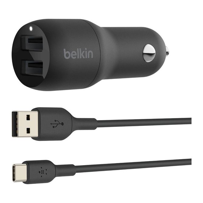 Belkin Dual USB-A avtopolnilec vključno s kablom USB-C 1m 24W črn