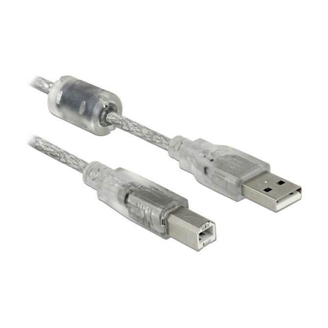Delock kabel USB A-B 5m dvojno oklopljen transparent s ferito 83896