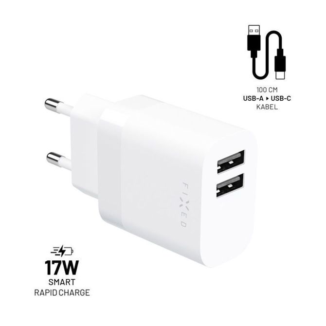 FIXED dvojni potovalni polnilnik USB 17 W + kabel USB/USB-C, bel FIXC17N-2UC-WH