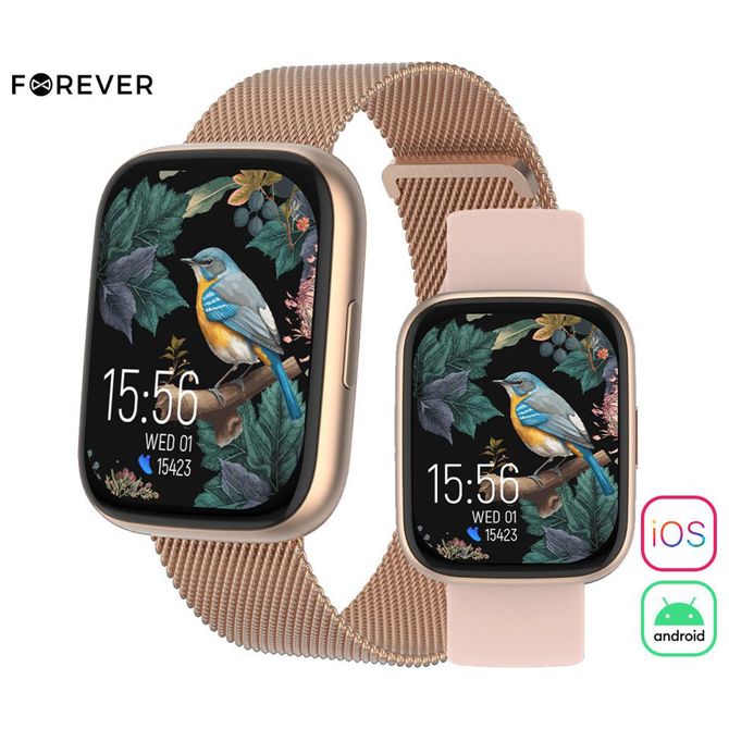 Pametna ura FOREVER ForeVigo 4 SW-330, 1.95 AMOLED, BT 5.4, Android + iOS, 100+ športov, 2 paščka, IP68, roza zlata (Rose Gold)