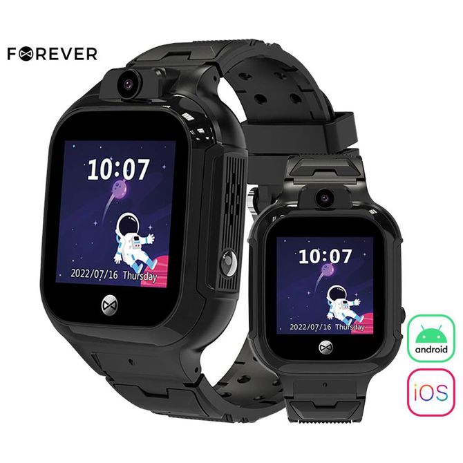 Otroška pametna ura FOREVER See Me! 3 KW-320 , VoLTE, 1.4 zaslon, GPS+WiFi+LBS lociranje, video klici, SOS funkcija, Android + iOS, aplikacija, IP65, pedometer, igre, črna (Magic Black)