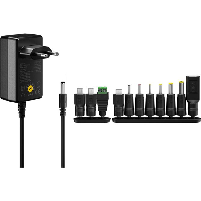 Hišni polnilec za telefone Goobay univerzalni 36 W, 5–15 V, 2,4 A, 11 adapterjev, USB-A/USB-C/Micro USB/Mini USB