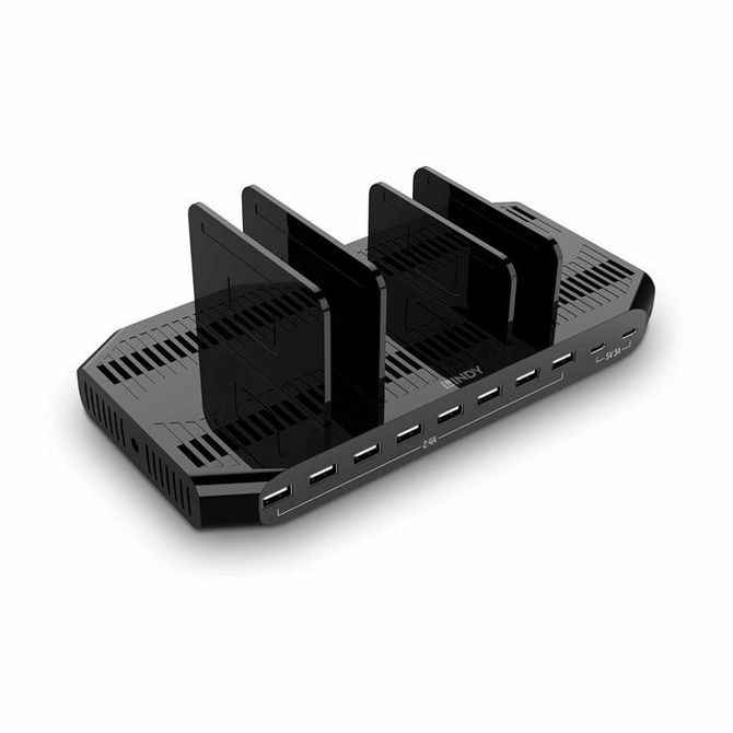 Hišni polnilec za telefone Lindy 120W 10-portni, 8x USB-A + 2x USB-C, QC 3.0, hkratno polnjenje 10 naprav, LED zaslon