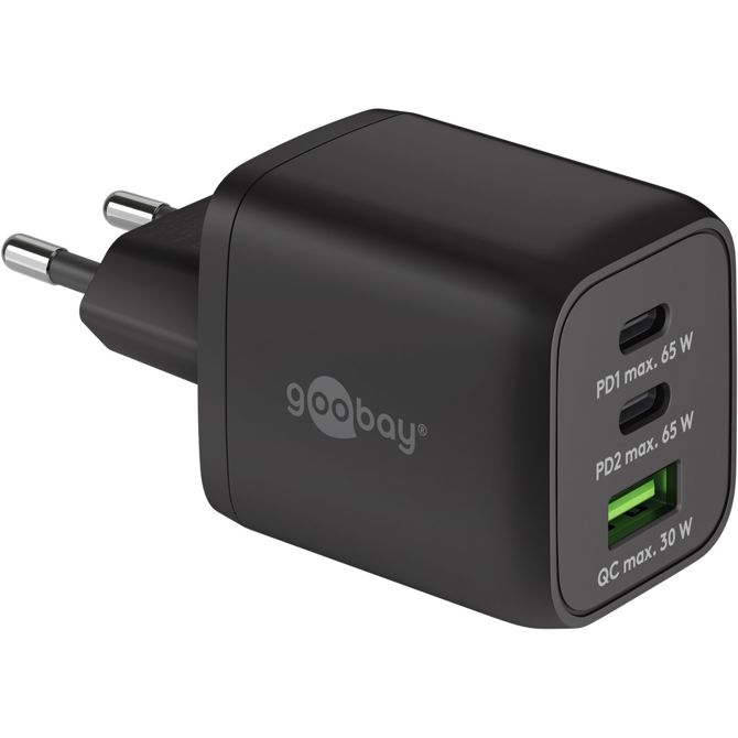 Hitri polnilec Goobay USB-C, 65W, 1x USB-A, 2x USB-C PD, Charge 3.0, črna