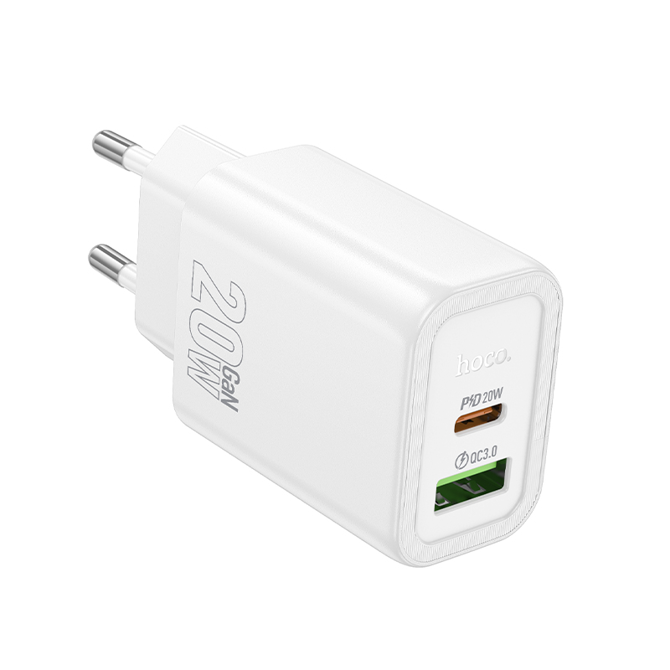 Hoco polnilec adapter N61 GaN PD 20W USB-A, Type C za Samsung, iPhone - bel