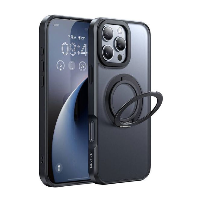 Ovitek McDodo PC-4933 MagSafe za iPhone 16 Pro Max s stojalom (črn)
