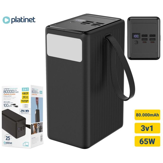Powerbank Platinet PMPB8065, 80.000 mAh, 65 W, Quick Charge 3.0, Power Delivery, 4× USB-A, 2× USB-C, LED zaslon, črna