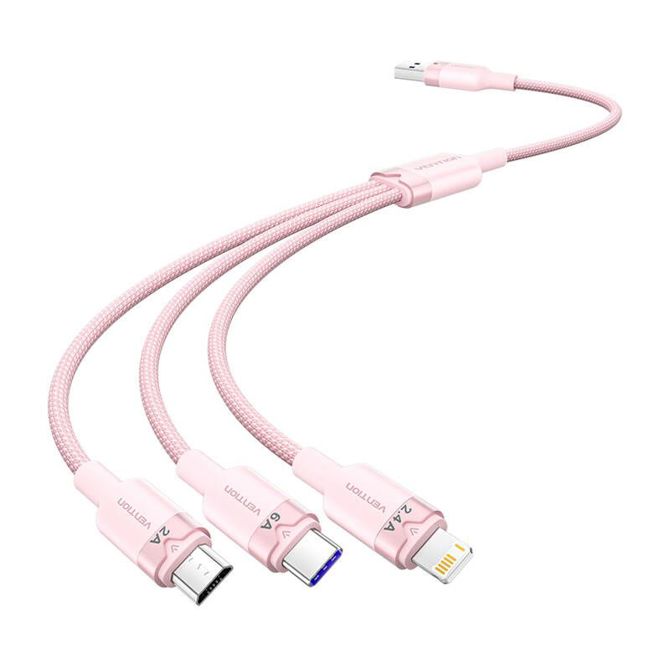 USB 2.0 A na 3-v-1 6A kabel Vention CTRPG 1,5M (roza)
