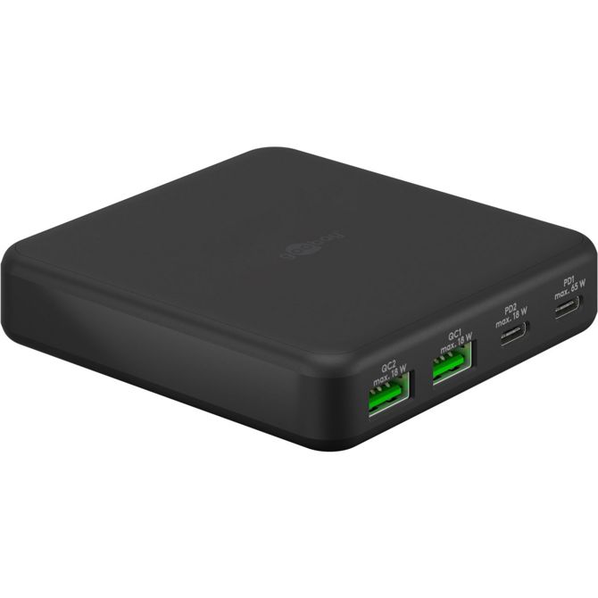 Večportni namizni polnilnik Goobay USB-C , PD, GaN, 65 W (črn, 2x USB-C, 2x USB-A, napajanje, QuickCharge 3.0)