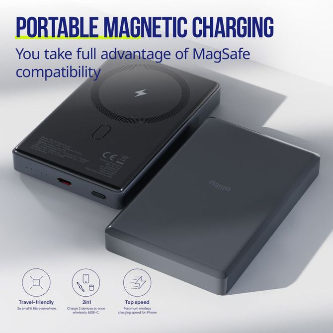 Powerbank polnilna baterija ALLITY APB-300 , 10.000mAh, 20W, 1x USB-C, brezžično polnjenje, MagSafe tehnologija, Power Delivery, Quick Charge, Plug&Play, siva 2