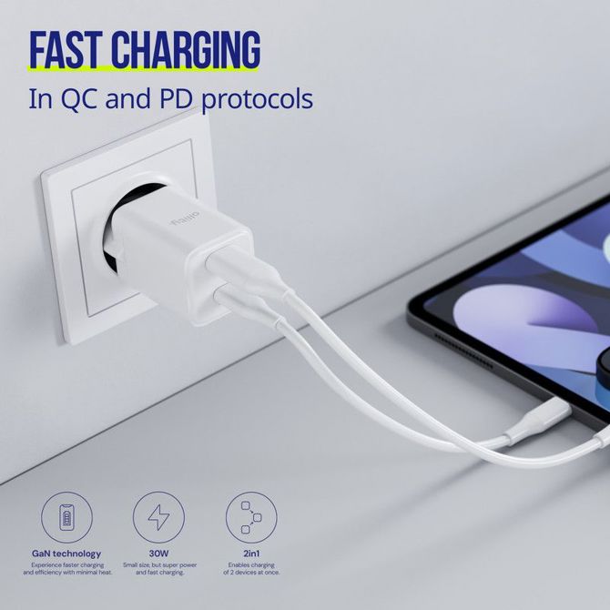 ALLITY ATC-01 GaN polnilec, 30W, 1x USB-C, 1x USB-A, Power Delivery, Quick Charge, polnjenje / napajanje, univerzalna kompatibilnost, Plug&Play, tehnologija GaN, bel 2
