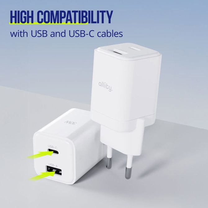 ALLITY ATC-01 GaN polnilec, 30W, 1x USB-C, 1x USB-A, Power Delivery, Quick Charge, polnjenje / napajanje, univerzalna kompatibilnost, Plug&Play, tehnologija GaN, bel 4