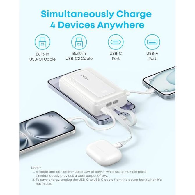 Powerbank Anker Zolo Powerbank 20000 mAh, 45W z vgrajenima kabloma USB-C, črn 3
