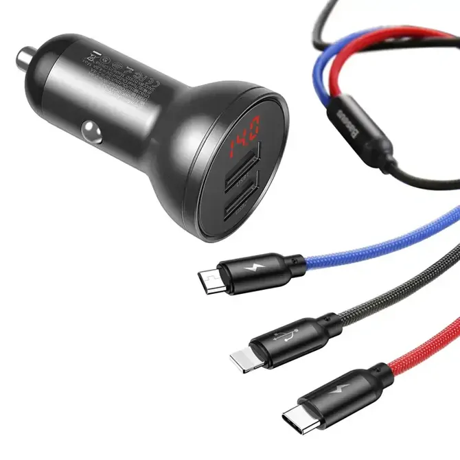 Avtopolnilec Baseus z 24 W zaslonom + Baseus Three Primary Colors 3-v-1 USB kabel 1,2 m 3