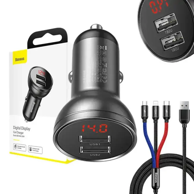 Avtopolnilec Baseus z 24 W zaslonom + Baseus Three Primary Colors 3-v-1 USB kabel 1,2 m 4