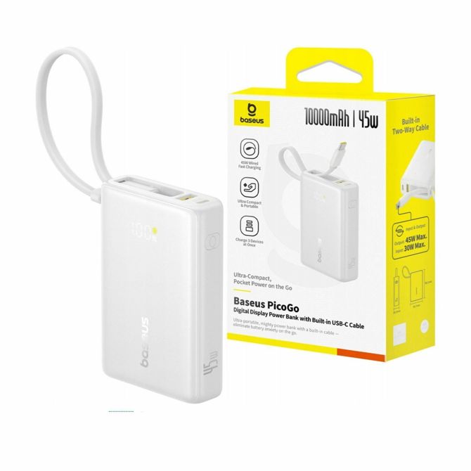 Prenosna baterija Baseus PicoGo PPPG-1W45C, 10.000 mAh, 45 W, vgrajen USB-C kabel, LED zaslon, 3 izhodi, bele barve 4