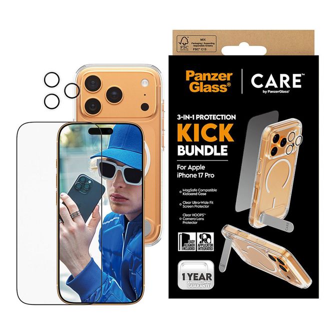 Zaščitno steklo PanzerGlass 3-v-1 za iPhone 17 Pro, kaljeno steklo, odporno na praske in udarce, premaz proti prstnim odtisom, enostavna namestitev 2