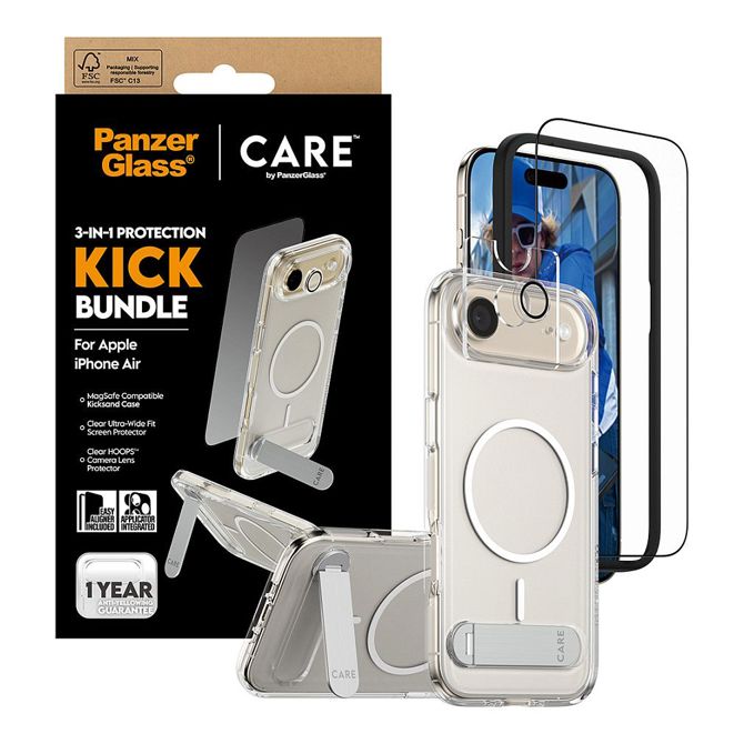 Zaščitno steklo PanzerGlass CARE BY 3-v-1 za iPhone Air, kaljeno steklo, odpornost na praske in udarce, EasyAligner, premaz proti prstnim odtisom 5