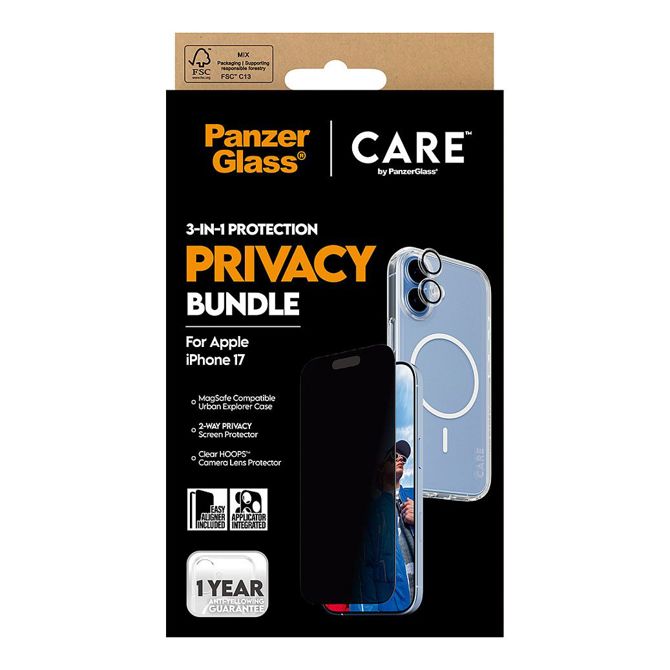 Zaščitno steklo PanzerGlass CARE BY 3-V-1 Flagship za iPhone 17, zasebna zaščita, odporen na praske in udarce, popolnoma lepljivo, nanos brez mehurčkov 3
