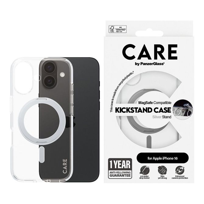 Ovitek CARE by PanzerGlass s stojalom in MagSAFE za iPhone 16, prozoren 2