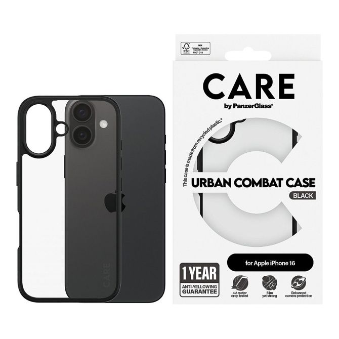 Ovitek CARE by PanzerGlass Flagship Urban Combat za iPhone 16, prozoren 2