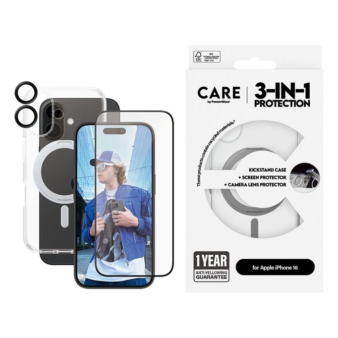 Zaščitni paket CARE by PanzerGlass Feature 3-v-1 za iPhone 16, prozoren 2