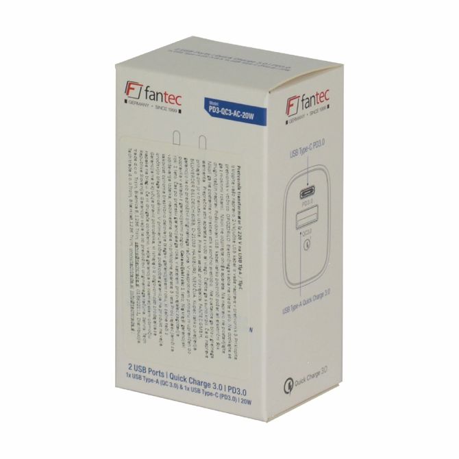 Polnilec Fantec 2575, 20 W, USB Tip-A QC 3.0, USB Tip-C PD 3.0, bele barve 4