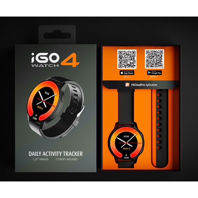 Pametna ura FOREVER iGO4 JW-600  1.28 AMOLED zaslon, BT 5.3, Android + iOS, baterija, aplikacija, spremljanje zdravja, analiza spanca, 100+ športnih načinov, 2 paščka, IP67, črna (Phantom Black) 5
