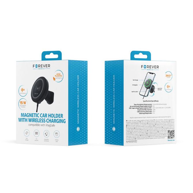 FOREVER MACH-300 magnetni avto nosilec / polnilec za telefon, 2v1, 15W brezžično polnjenje, 360° vrtenje, MagSafe tehnologija, USB Type-C, črn 5