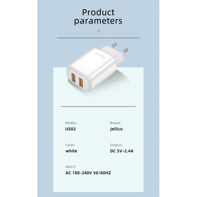 Jellico adapter EU02 12W 2x USB A 2,4A Quick Charge - (EU Blister) bel 4