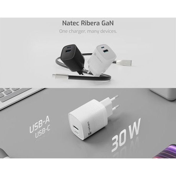 Natec RIBERA GaN polnilec, 30W, 1x USB-A, 1x USB-C, PD 3.0, QC 3.0, protokol PPS, univerzalna kompatibilnost, tehnologija GaN, varnostne zaščite, 82x39x33mm, bel 2