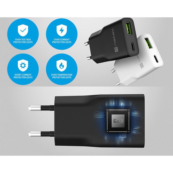 Natec RIBERA GaN SLIM polnilec, 20W, 1x USB-A, 1x USB-C, PD 3.0, QC 3.0, protokol PPS, univerzalna kompatibilnost, tehnologija GaN, varnostne zaščite, 83x38x16mm, bel 4