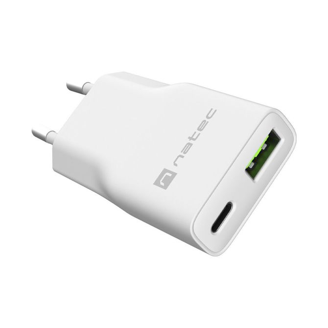 Natec RIBERA GaN SLIM polnilec, 20W, 1x USB-A, 1x USB-C, PD 3.0, QC 3.0, protokol PPS, univerzalna kompatibilnost, tehnologija GaN, varnostne zaščite, 83x38x16mm, bel 5