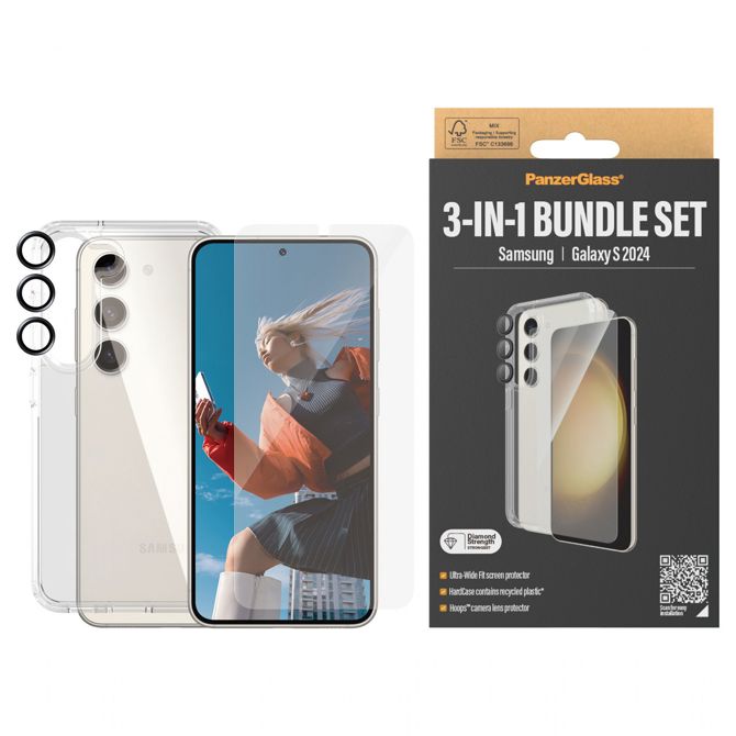 Zaščitni paket PanzerGlass 3-v-1 za Samsung Galaxy S24, prozoren 3