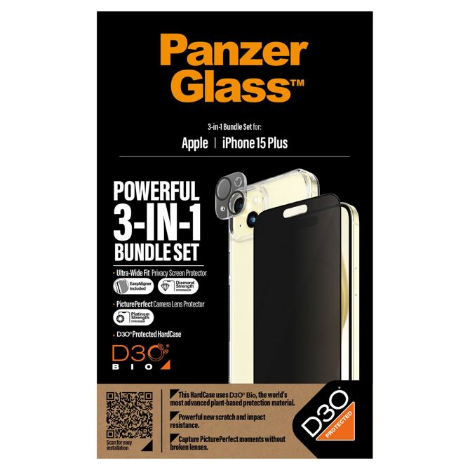 Zaščitno steklo PanzerGlass 3 v 1 za iPhone 15 Plus, zasebnost, odpornost na udarce, premaz proti madežem, enostavna namestitev, vključen ovitek in zaščita kamere 5