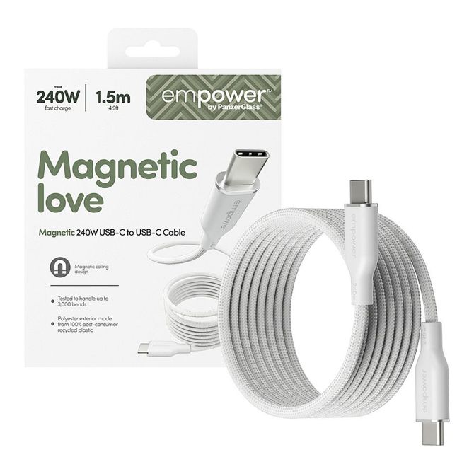 Podatkovni kabel PanzerGlass MAGNET 240W hitro polnjenje, USB-C na USB-C, 1,5 m, magnetno zapiranje, 100% reciklirana plastika 5