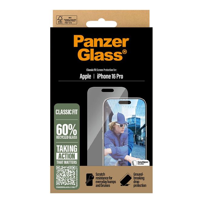 Zaščitno steklo PanzerGlass 9821131933 za iPhone 16 Pro, kaljeno steklo, odporna na praske in udarce, premaz proti prstnim odtisom, 60 % recikliran material 3