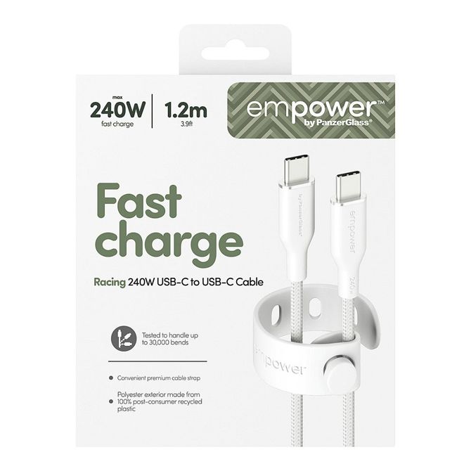 Podatkovni kabel PanzerGlass Racing 240W USB-C na USB-C, hitro polnjenje, dolžina 1,2 m, do 30.000 upogibov, 100 % reciklirana plastika 3