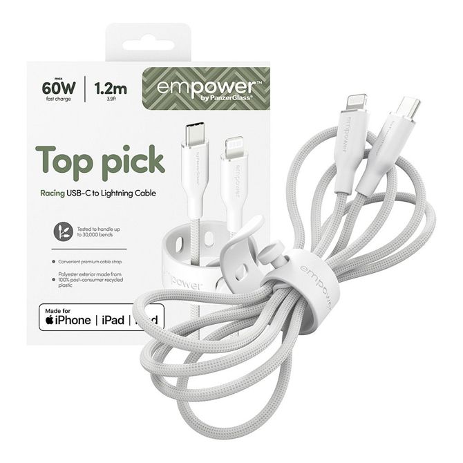 Podatkovni kabel PanzerGlass Racing 60W USB-C na Lightning, hitro polnjenje, 1,2 m, 100 % reciklirana plastika, robusten, bela 5