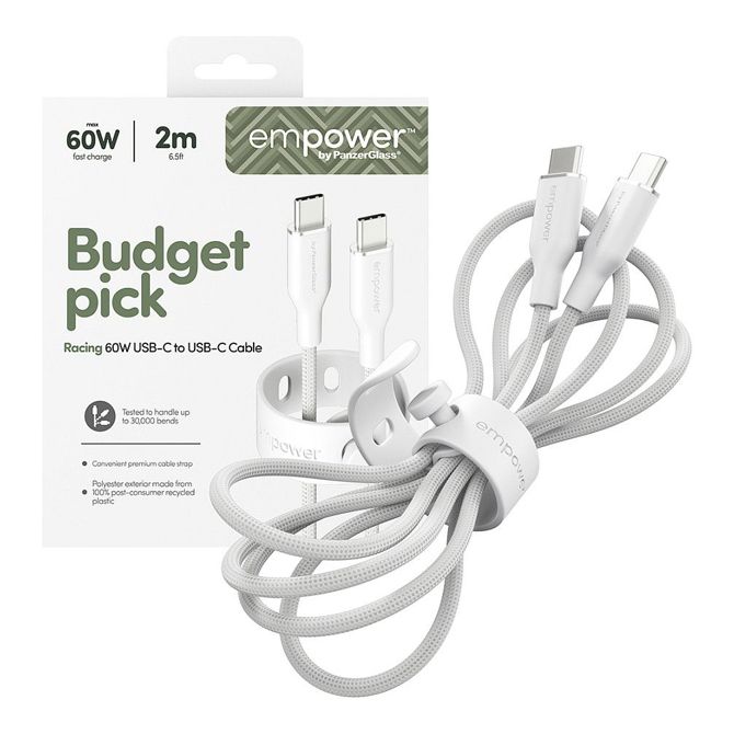 Podatkovni kabel PanzerGlass Racing 60W, USB-C na USB-C, hitro polnjenje, 2 m, iz 100% reciklirane plastike, robusten in vzdržljiv 5