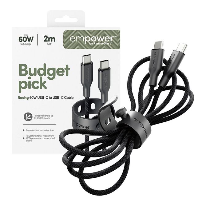 Podatkovni kabel PanzerGlass Racing 60W, USB-C na USB-C, hitro polnjenje, 2 m, 100 % reciklirana plastika, ultra vzdržljiv 5