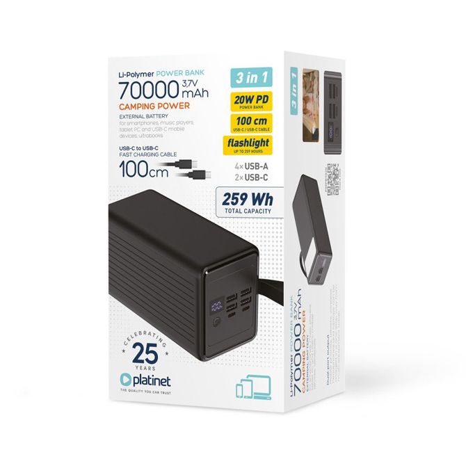 Platinet PMPB7020 powerbank polnilna baterija, 20W, 70.000mAh, Quick Charge 3.0, Power Delivery, SCP, 4x USB Type-A, 2x USB Type-C, digitalni zaslon, LED luč, črna 5