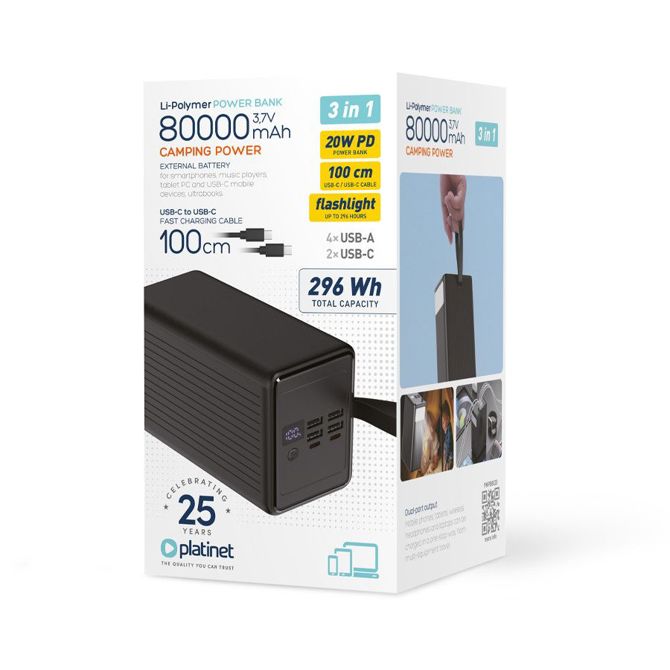 Platinet PMPB8020 powerbank polnilna baterija, 20W, 80.000mAh, Quick Charge 3.0, Power Delivery, SCP, 4x USB Type-A, 2x USB Type-C, digitalni zaslon, LED luč, črna 5