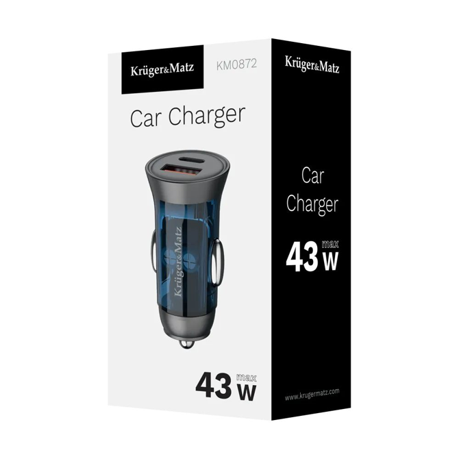 Polnilec avto KRUGER-MATZ, Quick Charge, 43W, USB-A; USB-C 2