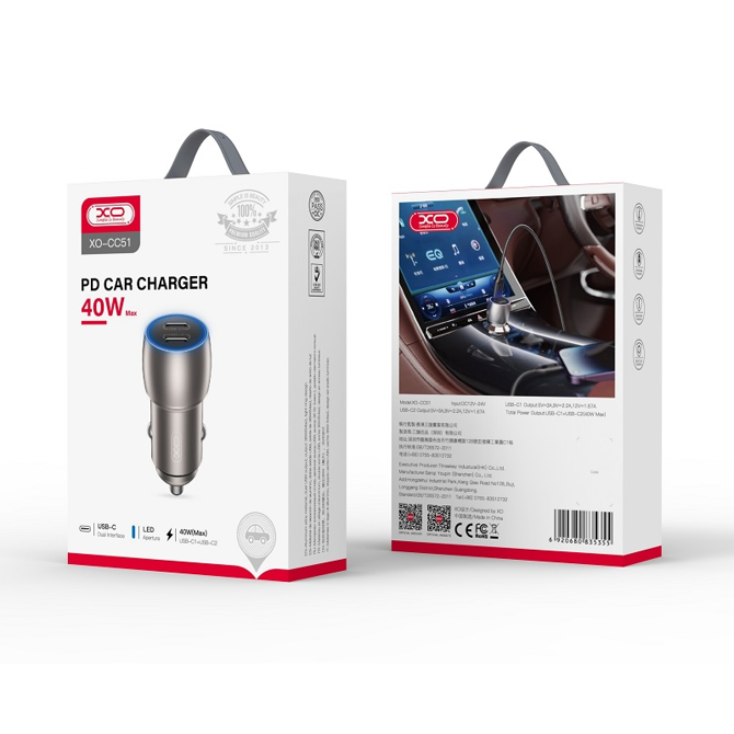 Polnilec za avto XO CC51 PD 40W 2xUSB-C + kabel 8-pin Lightning 3