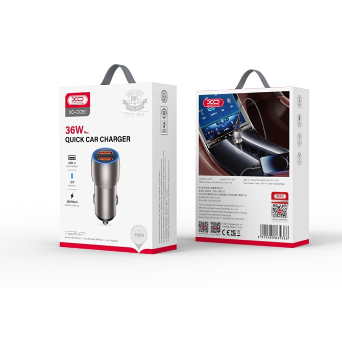 Polnilec za avto XO CC52 QC 36W 2xUSB 2