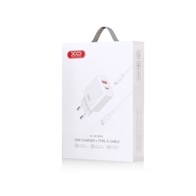Polnilec za telefon XO CE12 1xUSB, 1xUSB-C 20W + USB-C kabel 4