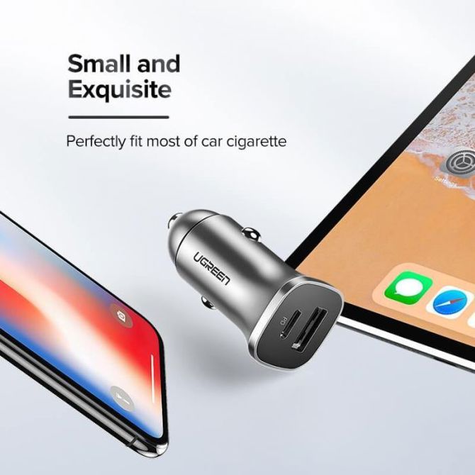 Ugreen avtopolnilec USB + USB-C PD 18W siv - box 4